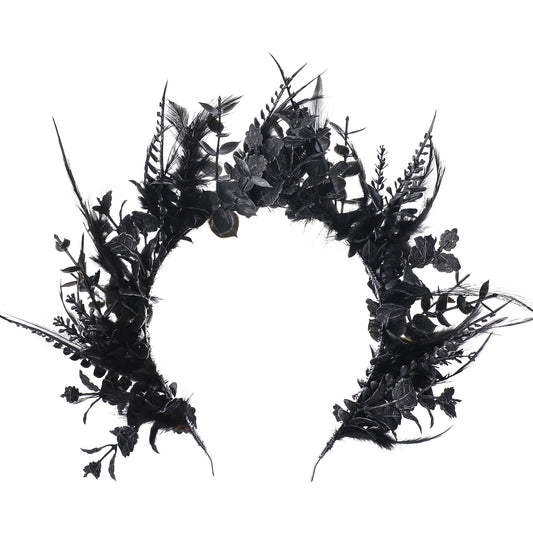 MOSTORY Black Flower Halo Crown - Handmade Gothic Floral Headband with Feather for Women Witch Goth Wedding, Dark Halo Headband for Renaissance Cosplay Photo Shoot
