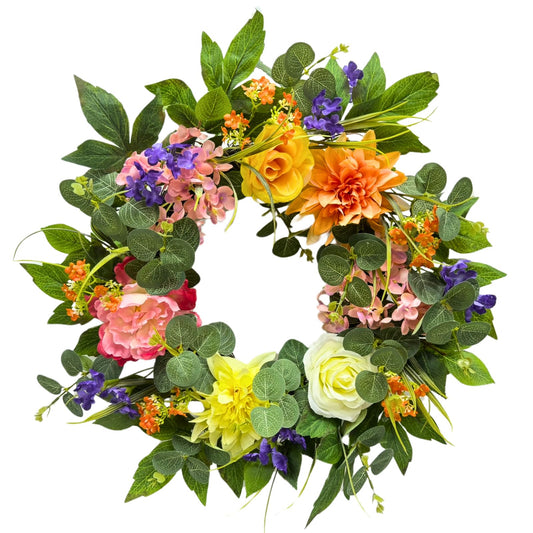 Svndlyn 22 Inch Lighted Spring Summer Floral Wreath with Faux Flowers