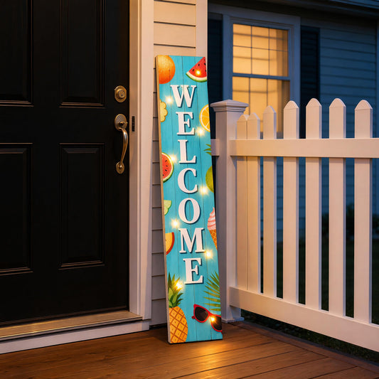 LianheCy Lighted Summer Welcome Porch Sign 47x7.8 Inch Tall Vertical Wooden Decorative Sign Hanging Standing Front Door Sign with Fruit Pattern for Indoor Outdoor Hello Summer Decor