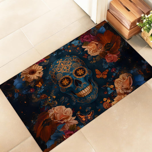 amepay Skull Indoor Door Mat, Stylish 17x29.5in Non-Woven Fabric Floor Doormat with Colorful Floral Butterfly Gothic Art,Halloween Doormats, for Porch Insider,Bedroom,Living Room, Decor Rug Gifts