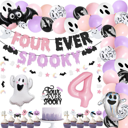 Four Ever Spooky Halloween Birthday Party Pack Four Ever Spooky Banner Cake Topper Ghost Bat Balloons for Girls' Pink and Purle Halloween 4th Birthday Party Decorations