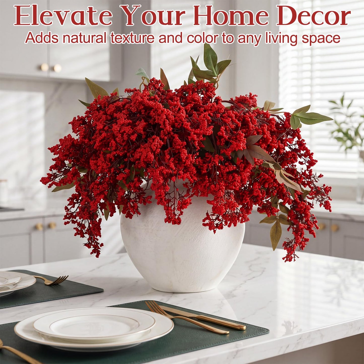 Dingion 3 Pcs 43 Inch Burgundy Berry Stem Artificial Spring Faux Sedum Stem Spray Flowers Realistic Flowers Branches Floral Picks for Vase Wedding Holiday Mantel DIY Harvest Seasonal Home Decor