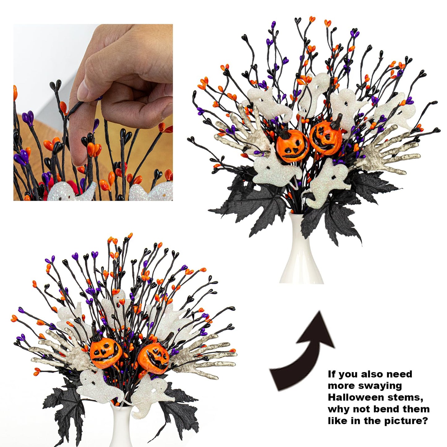VioletEverGarden 10 Pack Halloween Stems 17 Inch Halloween Floral Picks 3 Styles Berry Branches with Pumpkin Skeleton and Ghost for Gothic Holidays Celebration