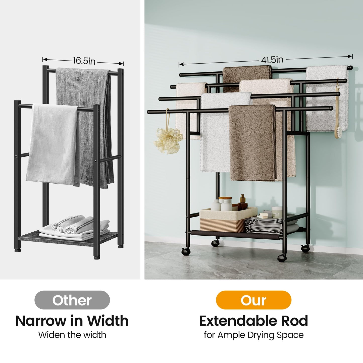 Homeiju Expandable Free Standing Towel Rack for Bathroom, 4 Tier Blanket Rack, Adjustable Blanket Holder for Bathroom, Towel Drying Rack Stand for Outdoor, Poolside, Black