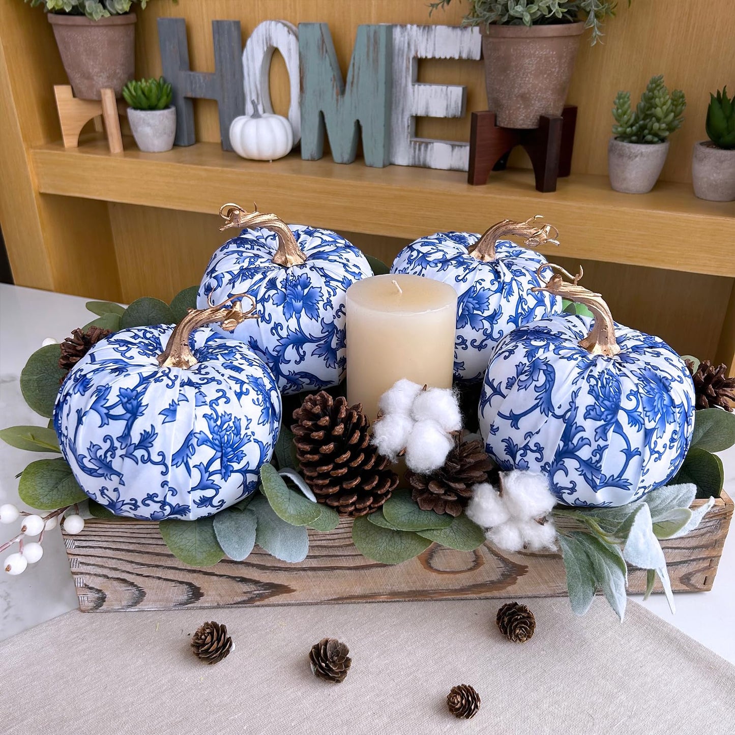 Winlyn 4 Pcs Faux Decorative Blue and White Fabric Pumpkins Chinoiserie Chic Pumpkins Foam Pumpkins for Gifts Farmhouse Thanksgiving Halloween Fall Wedding Table Centerpiece Mantel Bowl Decorations