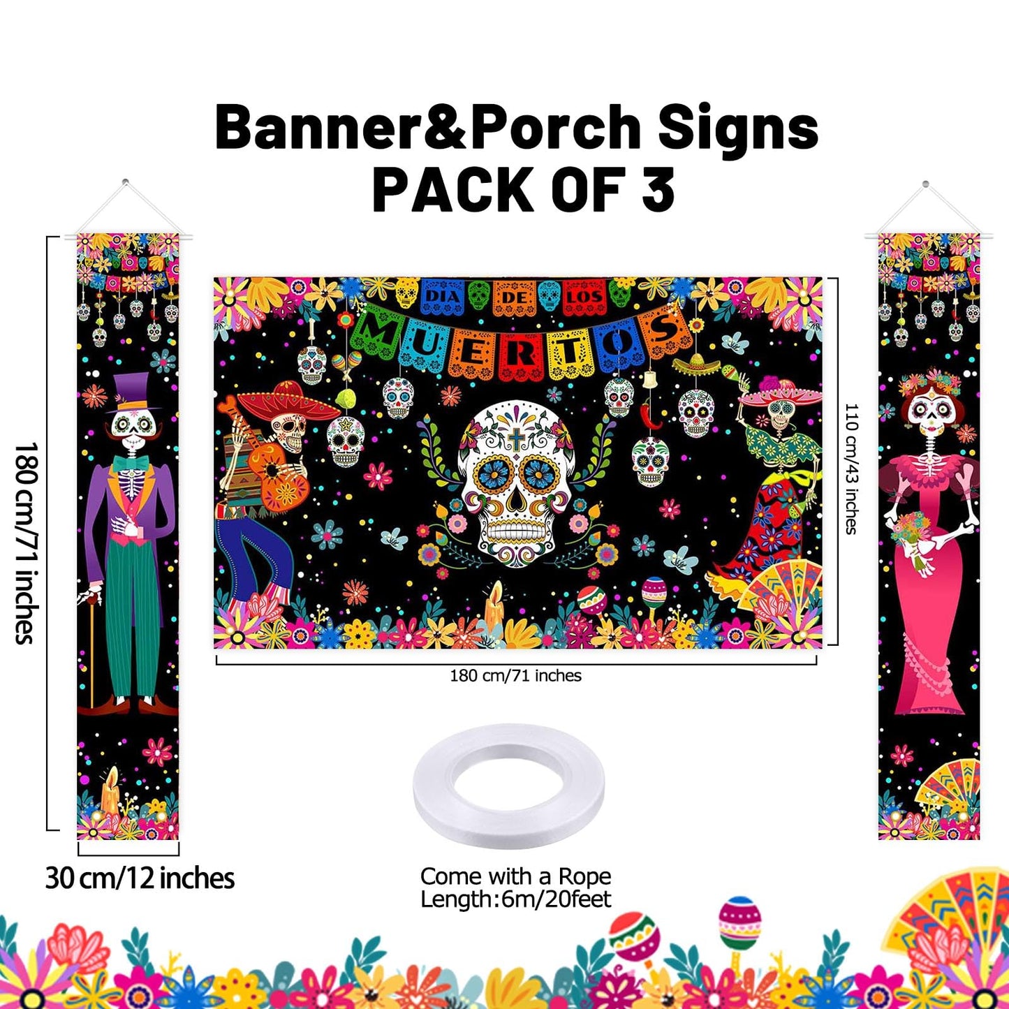 Avezano Day of The Dead Decorations 3 PCS Dia de Los Muertos Banners Mexican Dia de Los Muertos Party Decor Day of Dead Supplies Indoor Outdoor