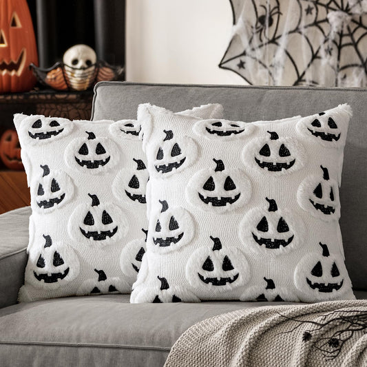 MIULEE Thanksgiving Fall Halloween Throw Pillow Covers 18x18 Decorative Pumpkin Pattern Pillowcases Soft Plush Faux Wool Cushions for Home Patio Sofa Couch,White