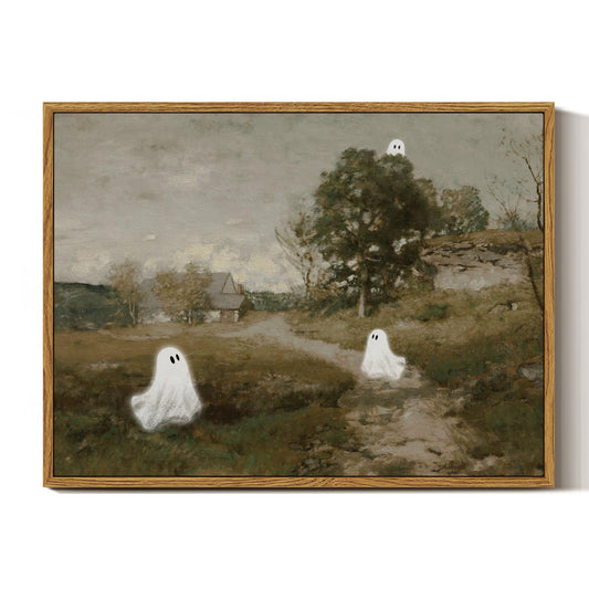 InSimSea Framed Canvas Wall Art, Vintage Halloween Decor, Cute Ghosts Decor Indoor, Bedroom Bathroom Living Room Halloween Pictures Decorations, Landscape Wall Art Prints, 12"x16"