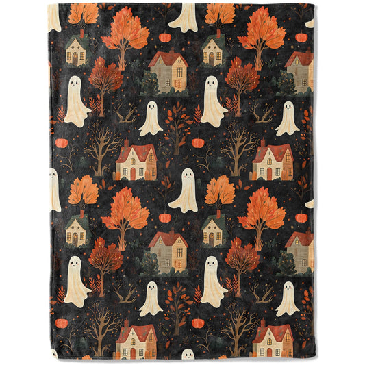 ainori Spooky Ghost Village Flannel Blanket - Cute with Autumn Trees, and Houses Throw - Soft Cozy Gifts Balnkets for Halloween Decor, Fall Lovers,Kids,Women,Festive Home Accents 50x60in