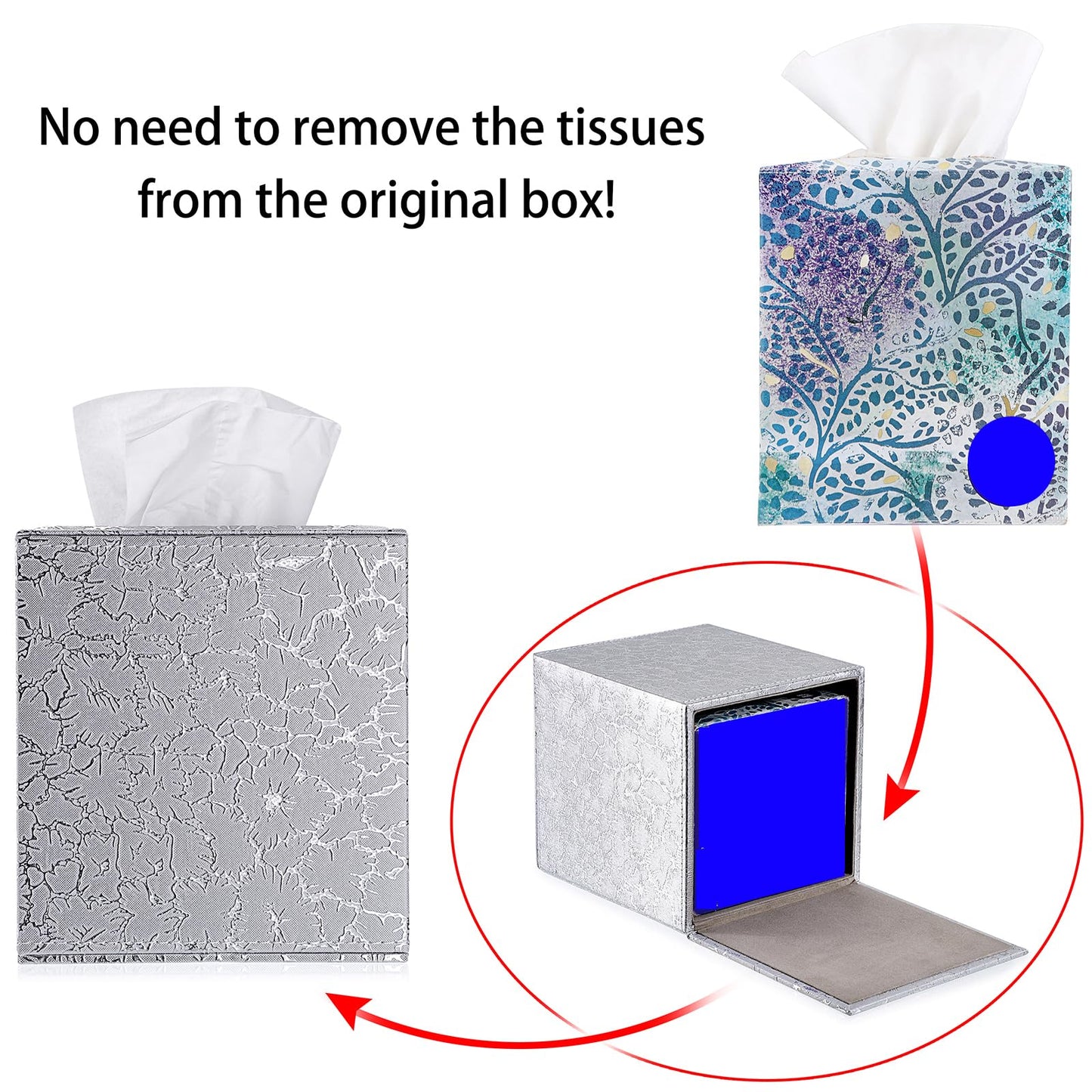 Sumnacon Square Leather Tissue Box Cover - Stylish Cube Tissue Box Holder with Magnetic Bottom, Decorative PU Tissue Box for Vanity Dresser Night Stand Table Countertop Home Office Car, Silver