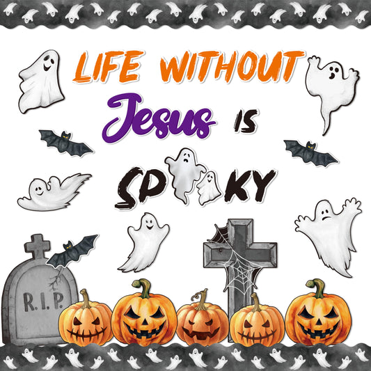 BeYumi Halloween Bulletin Board Set - 67Pcs Halloween Christian Bulletin Board Set Life without Jesus Is Spooky Cross Pumpkin Cutout Border Trim Religious Sunday School Classroom Chalkboard Wall Decor
