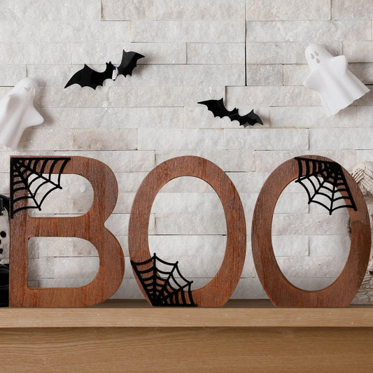 Bucherry 3 Pcs Halloween Boo Sign Table Decorations Wooden Happy Boo Day Indoor Tabletop Shelf Decor Retro Tier Tray Decor Rustic Farmhouse Vintage for Halloween Party Home Display