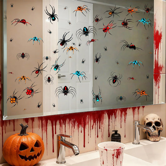 80 PCS Halloween Spider Mirror Decals Halloween Window Decoration Clings Removable Double-Sided Spooky Glass Stickers for Haunted House Indoor Outdoor Scary Static Clings for Holiday Party Decor