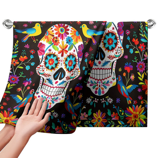 Cneztholim Day of The Dead Hand Towels Mexican Skull Kitchen Dish Towel Halloween Skeleton Floral Bathroom Towels Soft Absorbent Towel Set with Birds for Home Decor