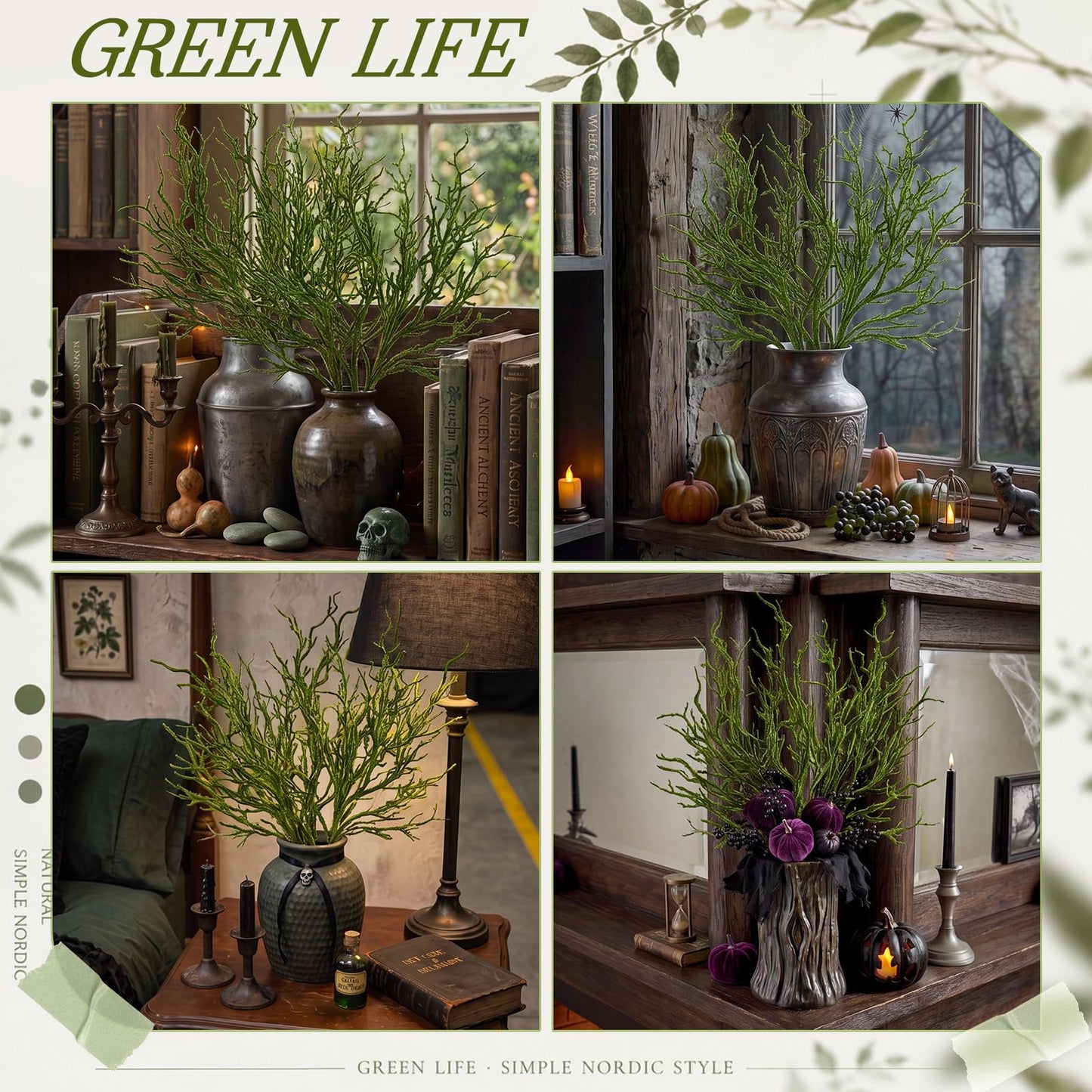 Giegxin 5 Pack 18 Inch Halloween Artificial Moss Branches Rustic Faux Greenery Twigs Bendable Fake Moss Stems for Vase Gothic Witchy Home Decor for Fall Spooky Table Centerpiece Decor