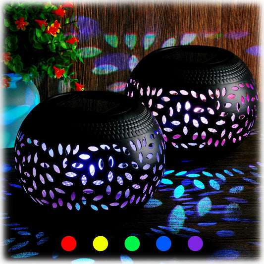 Reginary 2 Pcs Solar Lanterns Waterproof Outdoor Decor, Hollow Out Retro Metal Solar Lights 7 Color 2 Modes Decorative Atmosphere Table Lantern for Women Mom Gifts Patio Garden Pathway Yard (Black)