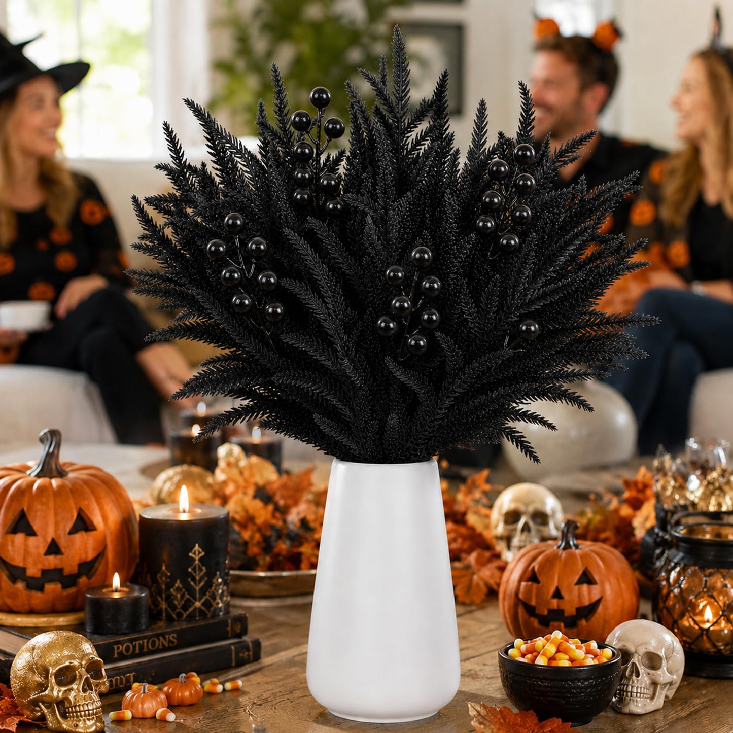Watayo 45 Pcs Halloween Artificial Tree Branches Set, Black Norfolk Pine with Berry Picks, Halloween Fake Stems Centerpiece for Vase Garland Table Party Decor