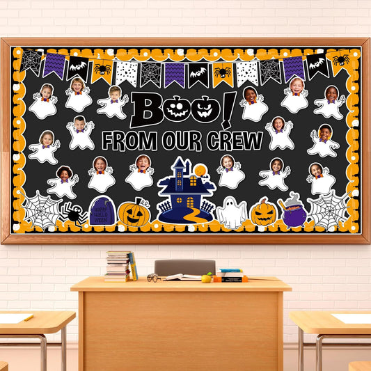 Halloween Ghost Bulletin Board Set Classroom Decorations Pumpkin Castle Paper Cutouts BOO Ghost Pattern Spider Web DIY Photos Bulletin Board Halloween Party Back to School Nursery Classroom Wall Decor