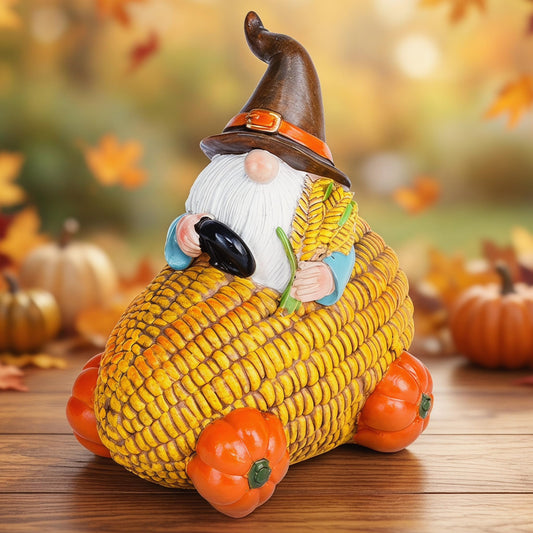 Topadorn Fall Gnome Corn Car Figurine, Resin Harvest Gnome Statue with Pumpkin Wheels, Thanksgiving Table Decoration, Farmhouse Autumn Decor for Indoor & Outdoor
