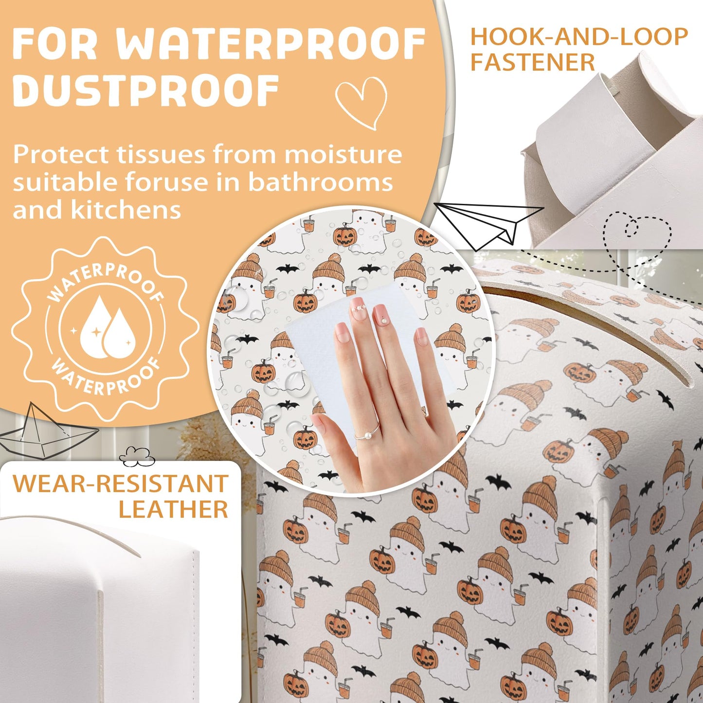 Halloween Tissue Box Holder, Cute Ghost Leather Tissue Box Cover Square, Halloween Facial Paper Organizer Dispenser Toilet Paper Holder for Bathroom Kitchen Office Home Decor-A07