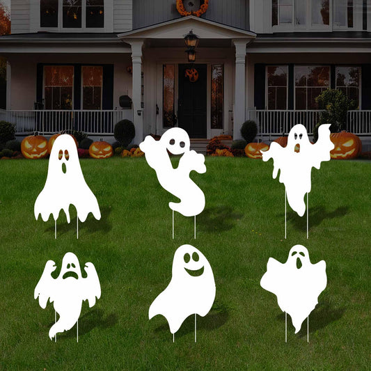 EIGHTSTATES 5pcs Halloween Ghost Yard Signs with Stakes - Black - Plastic & Wood - 12"x15" - Outdoor Garden Lawn Decor - Halloween Party Favor