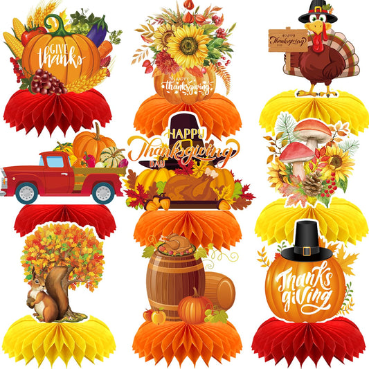 Thanksgiving Decorations, 9 Pack Thanksgiving Table Decorations, Honeycomb Fall Table Centerpieces for Thanksgiving Party, Harvest Themed Décor with Pumpkin, Turkey, Squirrel, Truck, Mushroom