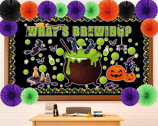 3D 98Pcs Halloween Bulletin Board Set Halloween Theme Classroom Decorations Witch Cauldron Paper Cutouts Colorful Hanging Paper Fan for Classroom School Chalkboard Home Wall Decor Supplies