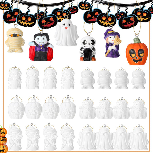 Glimin 24 Pcs Halloween 3D Ceramics to Paint Make Your Own Kit Unpainted Ceramic Pumpkins Ghost Plaster Bulk DIY Keychains Ready to Paint Figurines Halloween Hanging Ornaments for Crafts, 6 Styles