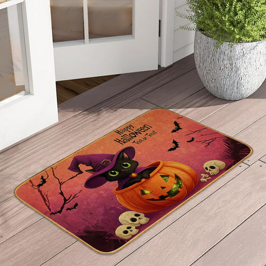 Doormat Black Cat Skull Front Door Mat Indoor Outdoor Entrance,Halloween Pumpkin Bat Door Mat Waterproof Low Profile All-Season,Easy Clean Patio Porch Entryway Floor Rug 17x29 Inch