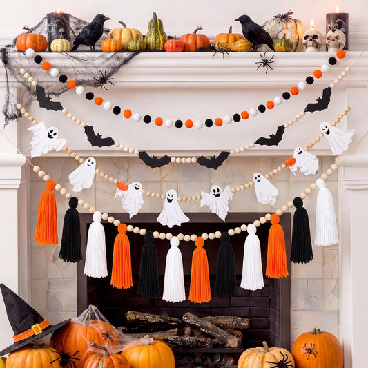 RattanView 4 Pcs Halloween Banner Set 6.6ft Wooden Bead Ghost Bat Tassel Garland Black Orange White Decor Spooky Hanging Banners Trick or Treat Garland for Halloween Home Fireplace Mantel Decoration