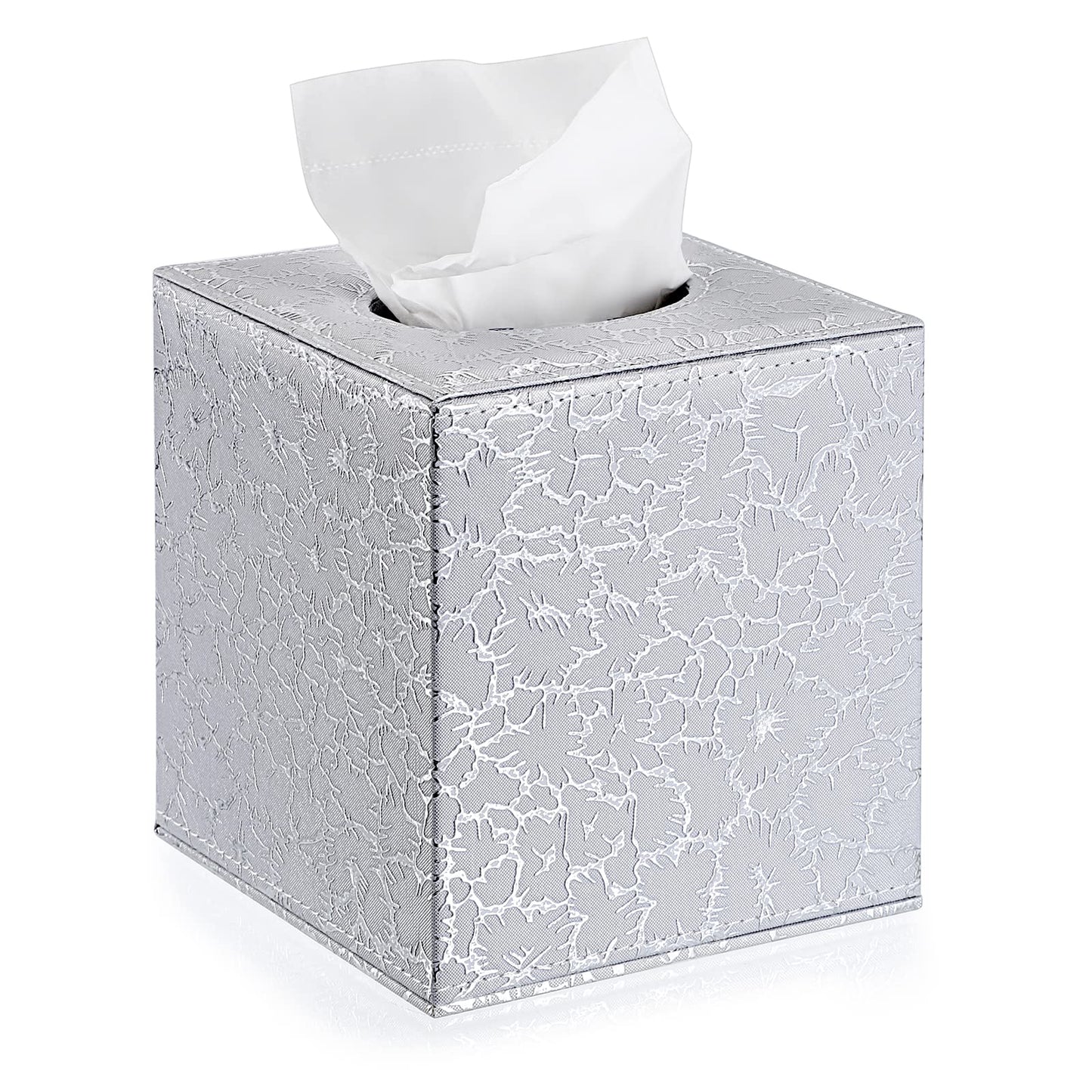Sumnacon Square Leather Tissue Box Cover - Stylish Cube Tissue Box Holder with Magnetic Bottom, Decorative PU Tissue Box for Vanity Dresser Night Stand Table Countertop Home Office Car, Silver