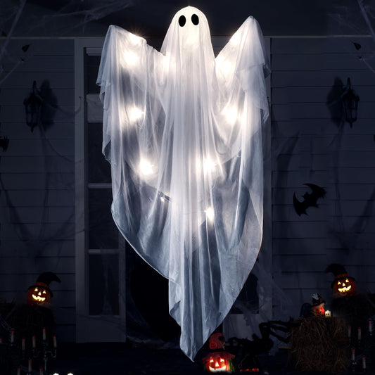 JOYIN Halloween Hanging Light up Ghost, 47" White Ghosts with Cold White LED Light and Timer Halloween Hanging Decoration Waterproof for Front Yard Patio LawnGarden Party Decor Indoor Outdoor