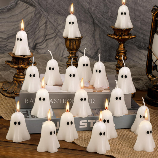 EBaokuup 20 PCS 2.3'' X 1.6'' Halloween Ghost Candles, White Ghost Decor Candles, Cute Burning Candle for Halloween Party Home and Table Decorations