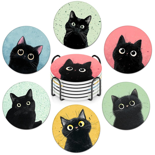 Rueneaj 6-Piece Ceramic Coaster Set with Tray Diameter: 3.94 in Thickened Absorbent Material Heat-Resistant and Water-Absorbent Coaster Set Suitable for All Types of Cups， Black Cats