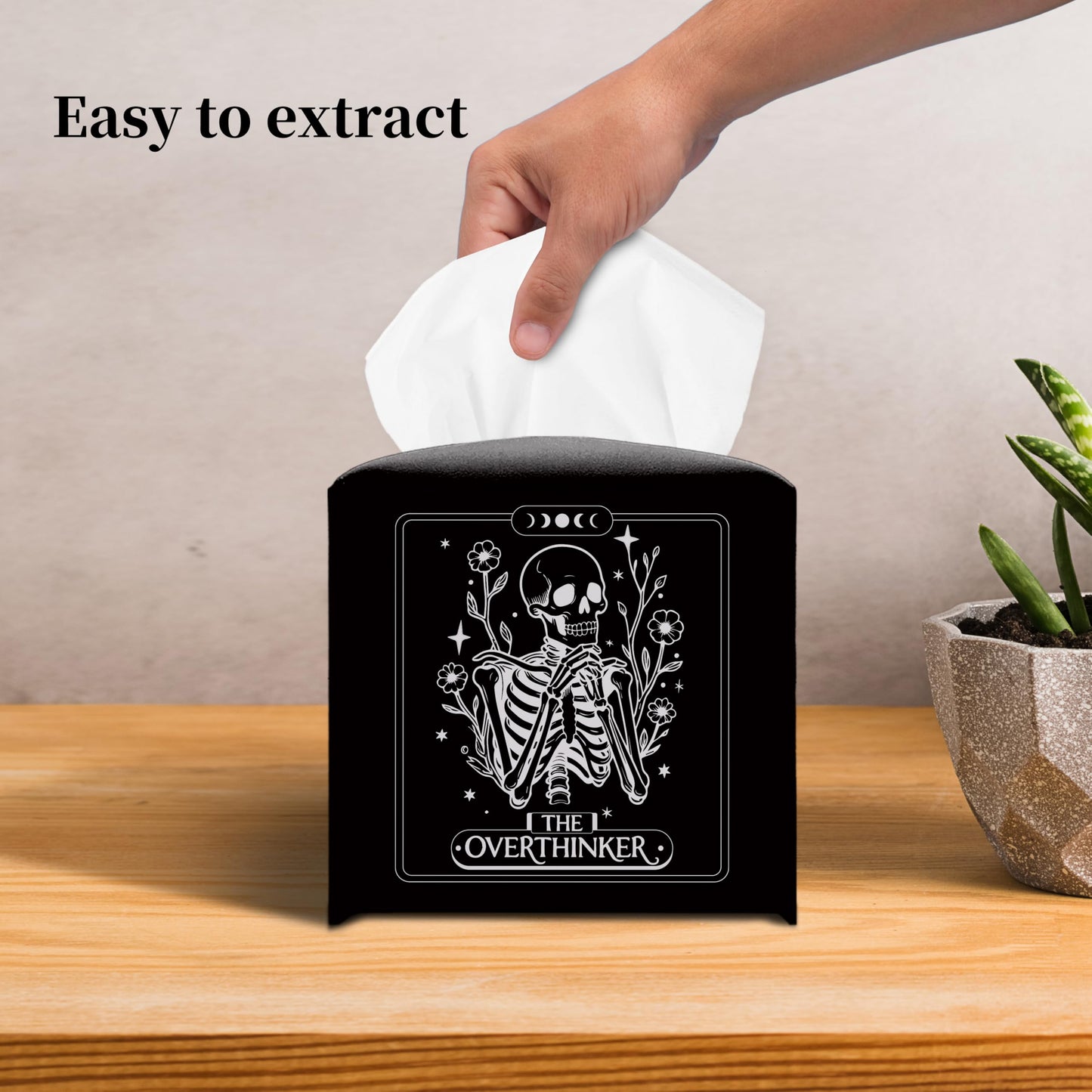 Grace Yonks Cute Tissue Box Cover Square - Gothic Skeleton “The Overthinker” Print, Funny Tarot-Inspired Design 5.2" PU Leather Holder for Vanity, Bathroom Counter - Cube Case for Facial Tissues(024)