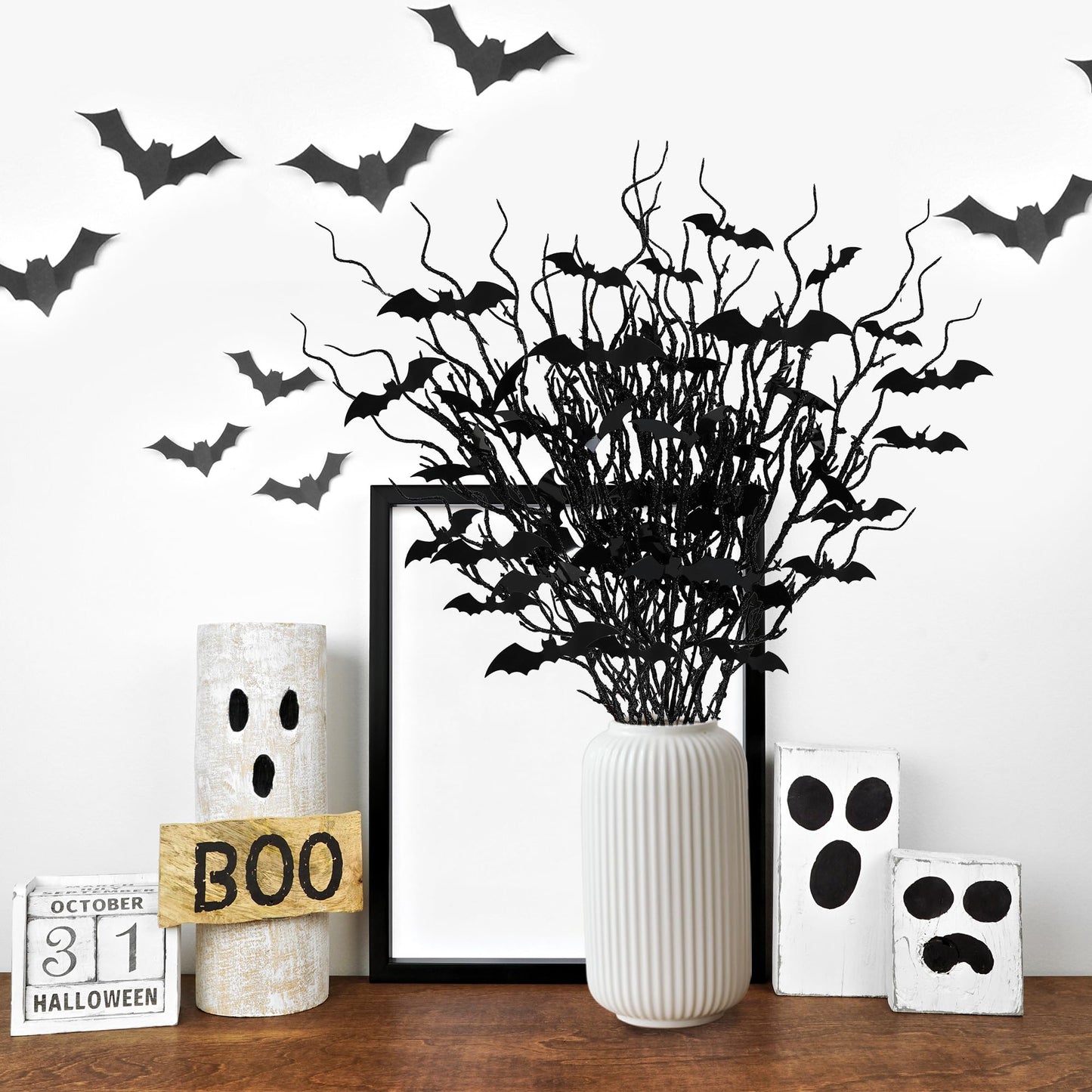 Sggvecsy 15 Pcs Artificial Halloween Glitter Stem with Black Bats Faux Picks Curly Willow Branches Decorative Glitter Sticks Twigs for Halloween DIY Crafts Festival Home Decoration
