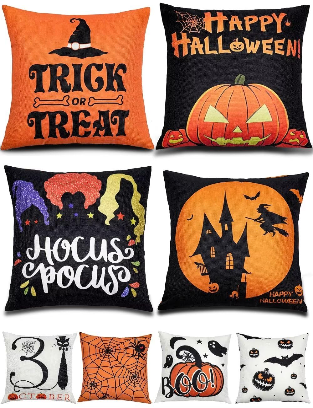 TOYPOPOR Halloween Decorations Double-Side Printing Pillow Covers 18'' x 18'' Set of 4, with 8 Cute Halloween Decor Patterns, Invisible Zipper, Durable Soft Linen Throw Pillow Covers Outdoor Indoor
