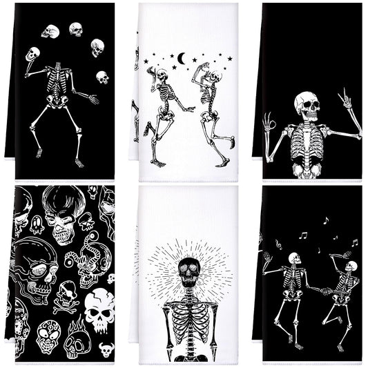 Bencailor 6 Pcs Skull Kitchen Towels Skeleton Dish Hand Towels Gothic Spooky Skull Tea Washcloth for Bathroom Kitchen Goth Horror Decor Gifts 24 x 16''