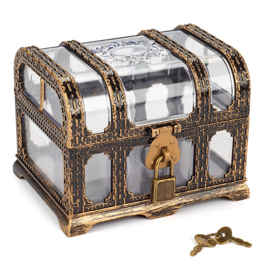 Pemalin Plastic Transparent Antique Pirate Treasure Box with Lock and Key, Treasure Toy Box Prizes for Kids, Pirate Party Decor