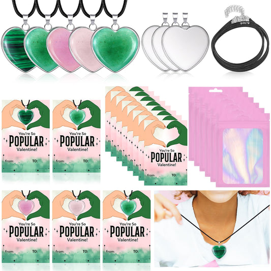 Remerry 24 Sets Valentine's Day Witch Themed Gifts, Galentine's Day Exchange Gift for Best Friends Pink and Green Gemstone Necklace DIY Crafts Kit with Witch Cards Exchange Party Favors for Friends