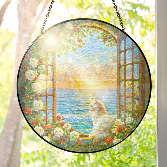FLAGWIX Cat Gifts for Women - Stained Glass Window Hanging 8 in - Beach Gifts for Women Mom Grandma, Gift for Cat Lovers, Suncatcher Decor for Home, Best Coastal Decor