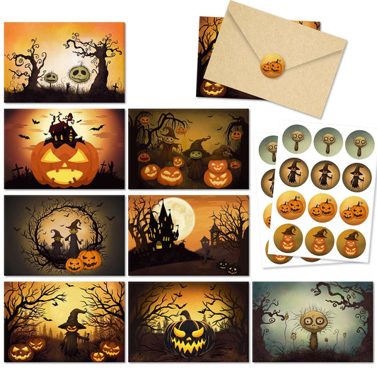 SuperShunhu 24 Pack Vintage Halloween Greeting Cards, Jack-O'-Lantern And Witch Halloween Cards, Artful Spooky Halloween Themed Card Set, 8 Designs Halloween Cards Bulk