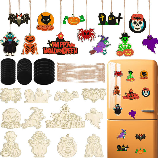 Jenaai 72 Pcs Halloween DIY Wooden Magnets Crafts Kit Refrigerator Decoration Halloween Painting Magnetic Stickers Pumpkins Bats Ghost Hanging Magnets for Garage Door Mailbox Decor
