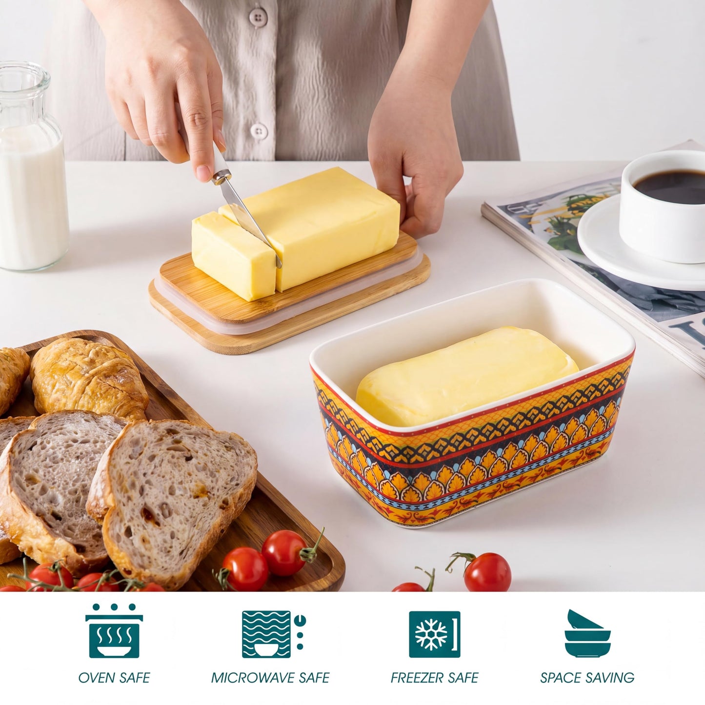 JINGUS Butter Dish with Lid, 6.5"Ceramic Butter Container for Countertop