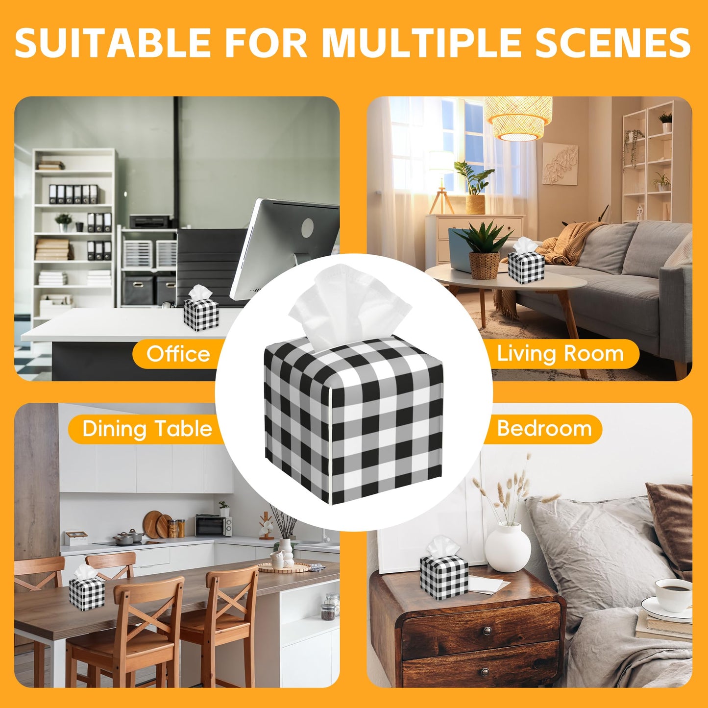 Tissue Box Cover Square, Black Grey White Buffalo Plaid Checkered Leather Tissue Box Cover Decorative Facial Paper Organizer Dispenser for Bathroom Kitchen Bedroom Vanity Countertop Night Stands