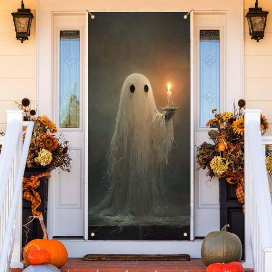 MKIJUHB Halloween Ghost Door Cover, Dark Academia Gothic Ghost Candle Decoration Doorway Door Curtains Banners Backdrop Background Decor for Halloween Party, Indoor Outdoor Decorations, 35 * 79 Inch