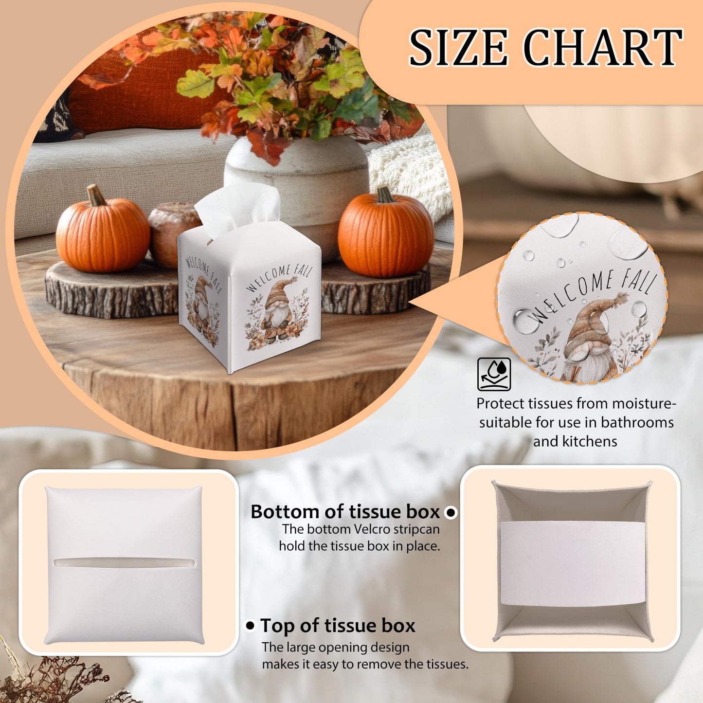 Welcome Fall Leather Tissue Box Cover, Gnome Floral Printed Tissue Box Cover, Aesthetic Decor Tabletop Living Room Vanity Office Farmhouse, Thanksgiving & Housewarming Gift for Women, Minimalist-B23
