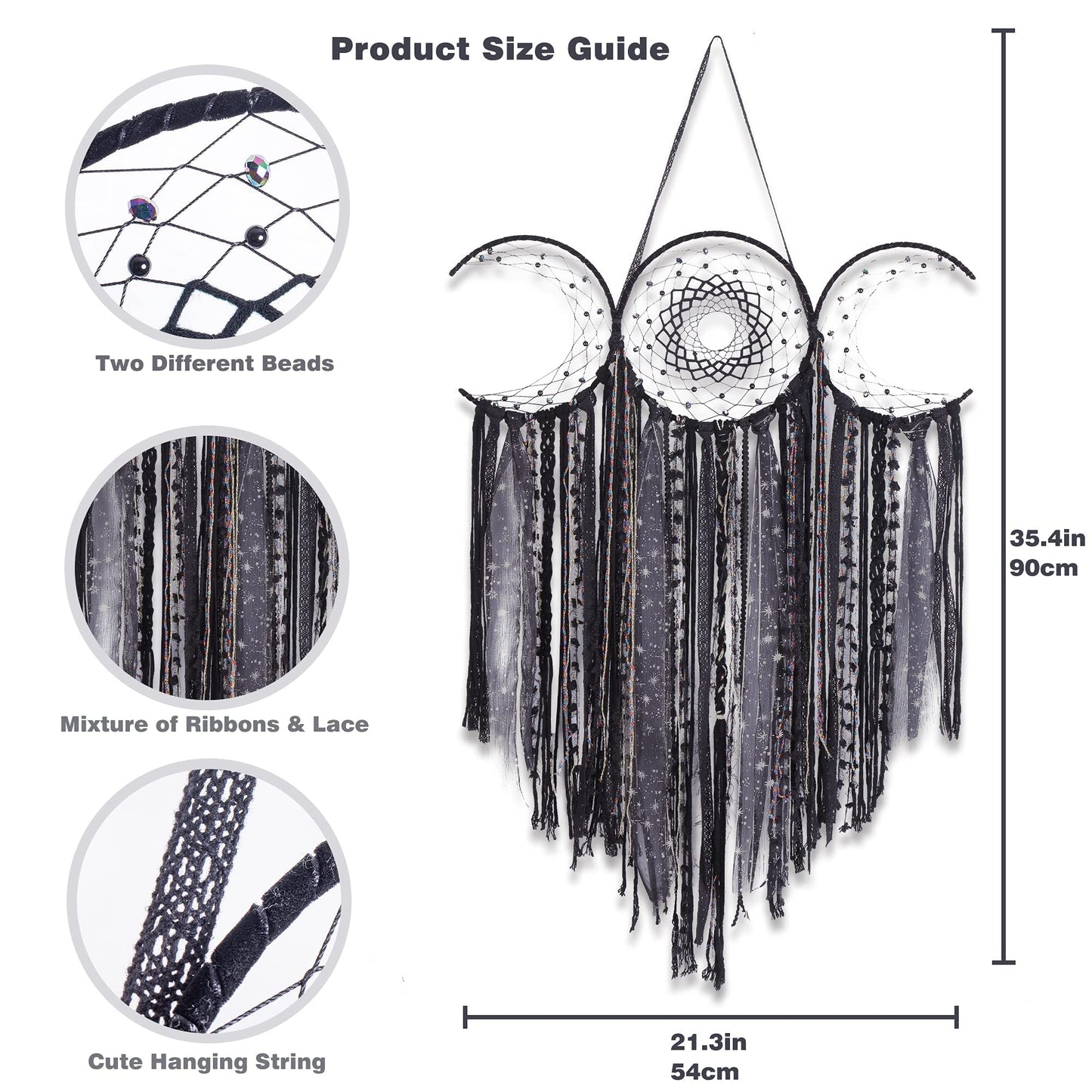 ANROYE Black Triple Moon Goddess Macrame Wall Hanging, Wicca Crescent Dream Catcher for Witch Home, Dreamcatcher for Bedroom Decoration, Pagan Woven Tapestry for Wiccan Adults Decor