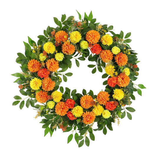 26" Large Summer Fall Wreath for Front Door, Artificial Orange Yellow Marigold Floral Wreath with Green Leaves, Flower Wreath for Home, Rustic, Farmhouse, Indoor, Outdoor Decor