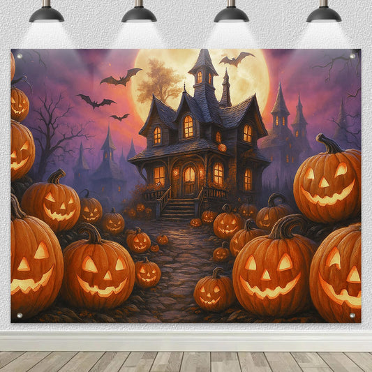 BlissYard Halloween Backdrop Banner 8x6ft Spooky Haunted House Pumpkin Moon Scene for Horror Party Decor Photo Booth Background Indoor Outdoor Seasonal Decoration Supplies
